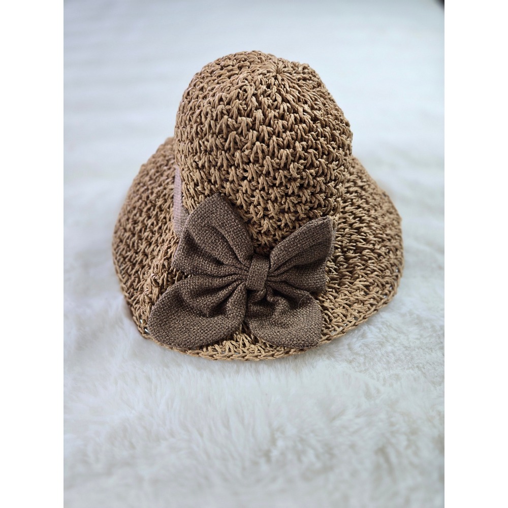 Woven Straw Sun Hat with Brown Bow Accent Tan Cottagecore Summer Beach Hat